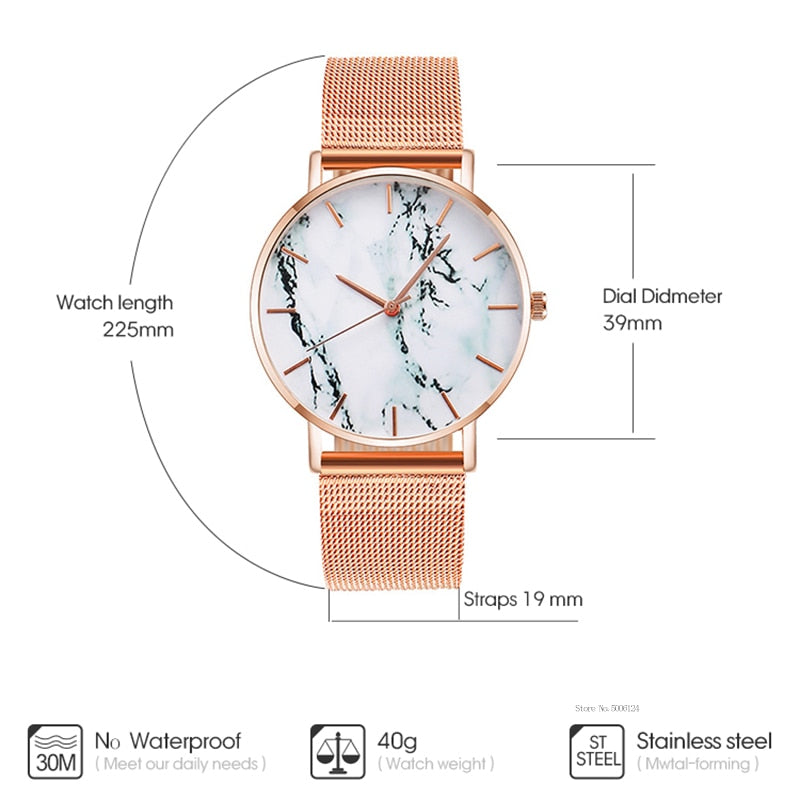 Fashion Rose Gold Mesh Band Creative Marble Female Wrist Watch Luxury Women Quartz
