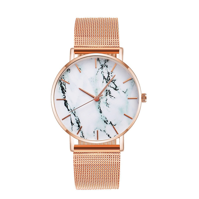 Fashion Rose Gold Mesh Band Creative Marble Female Wrist Watch Luxury Women Quartz