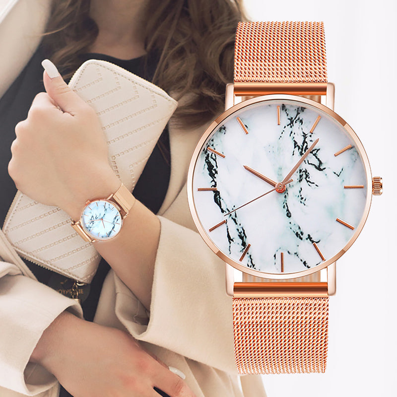 Fashion Rose Gold Mesh Band Creative Marble Female Wrist Watch Luxury Women Quartz